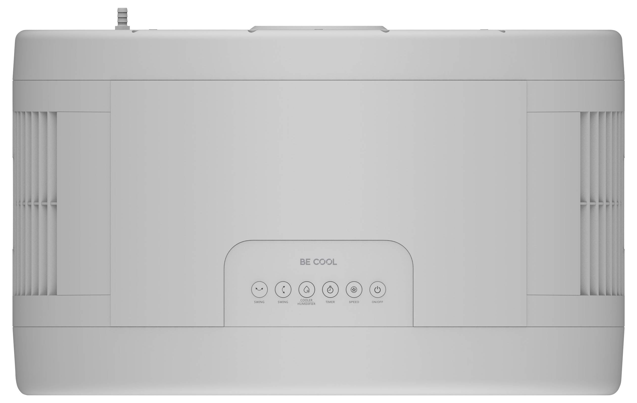 Luftkonditionering med fem knappar: 'Be Cool', ventilationsöppningar på sidorna. Rektangulärt, modernt design.