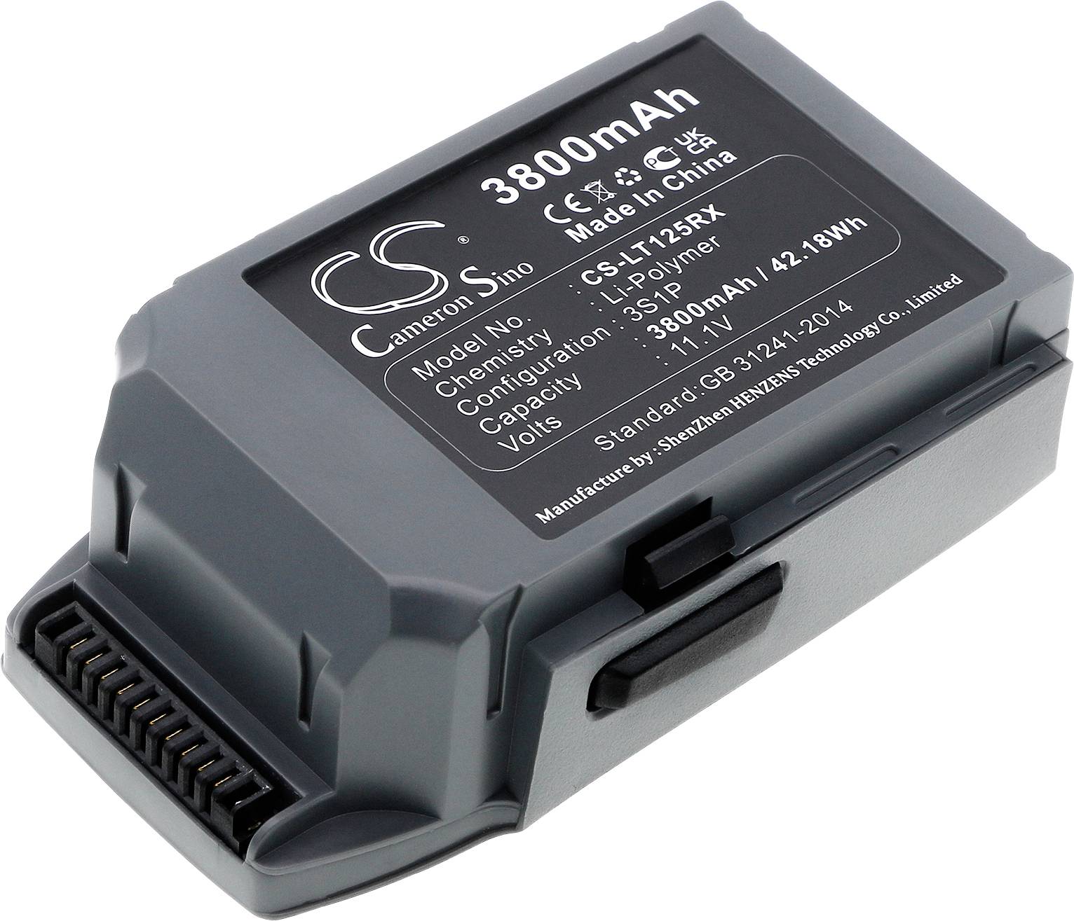 Batteri med 3800mAh, modell: CS-LYH25RX, Li-Polymer, för 42,18Wh, tillverkat i Kina.