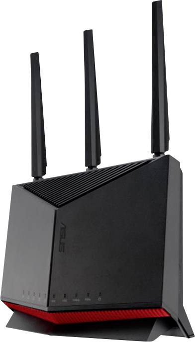 Svart router med tre antenner, står upprätt. Vertikala ventilationsspår längst upp, röd baslist längst ner.