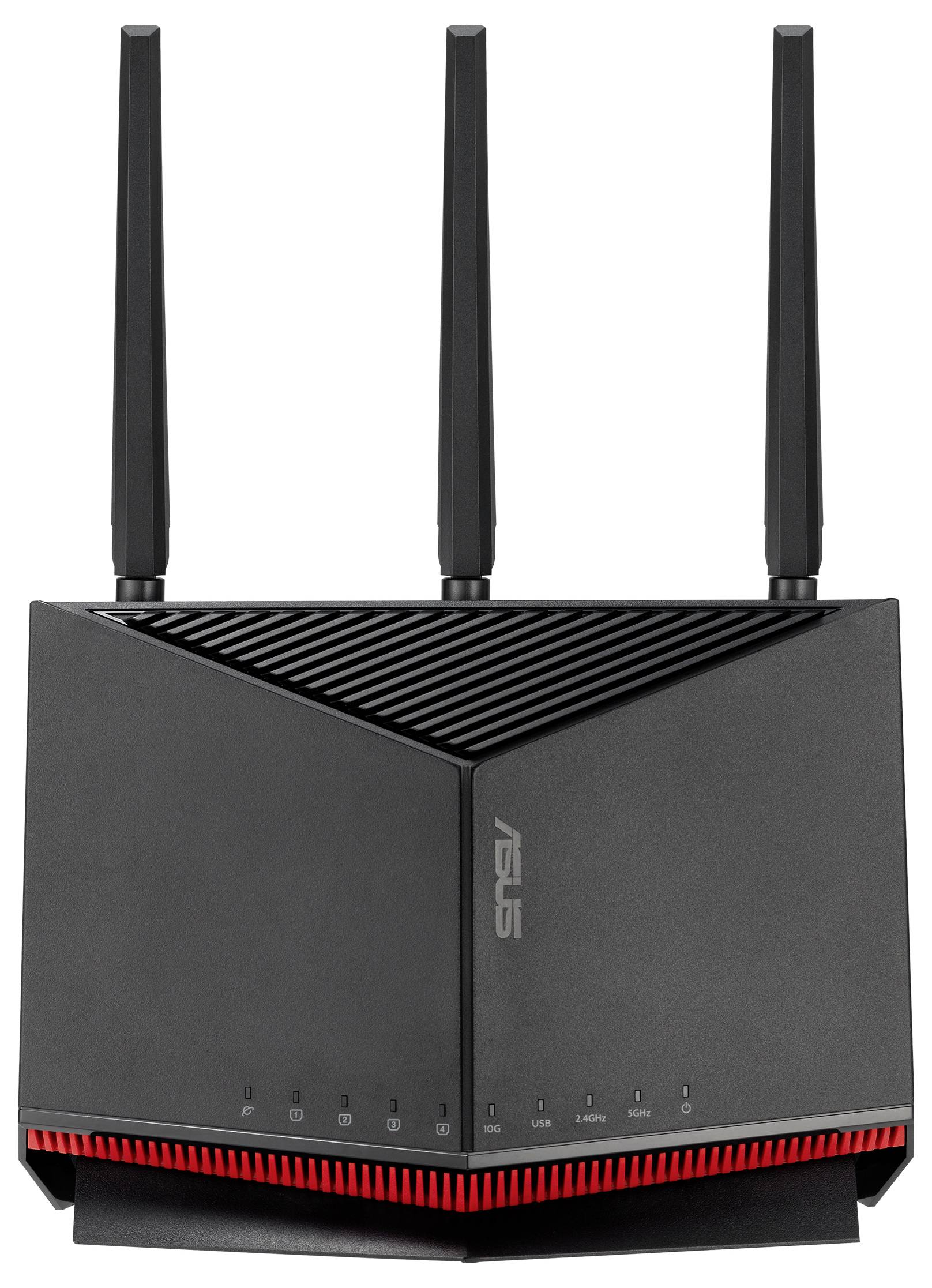 Svart WiFi-router med tre antenner och ett rött ljuselement på framsidan, avsedd för hem- eller kontorsnätverksanslutningar.