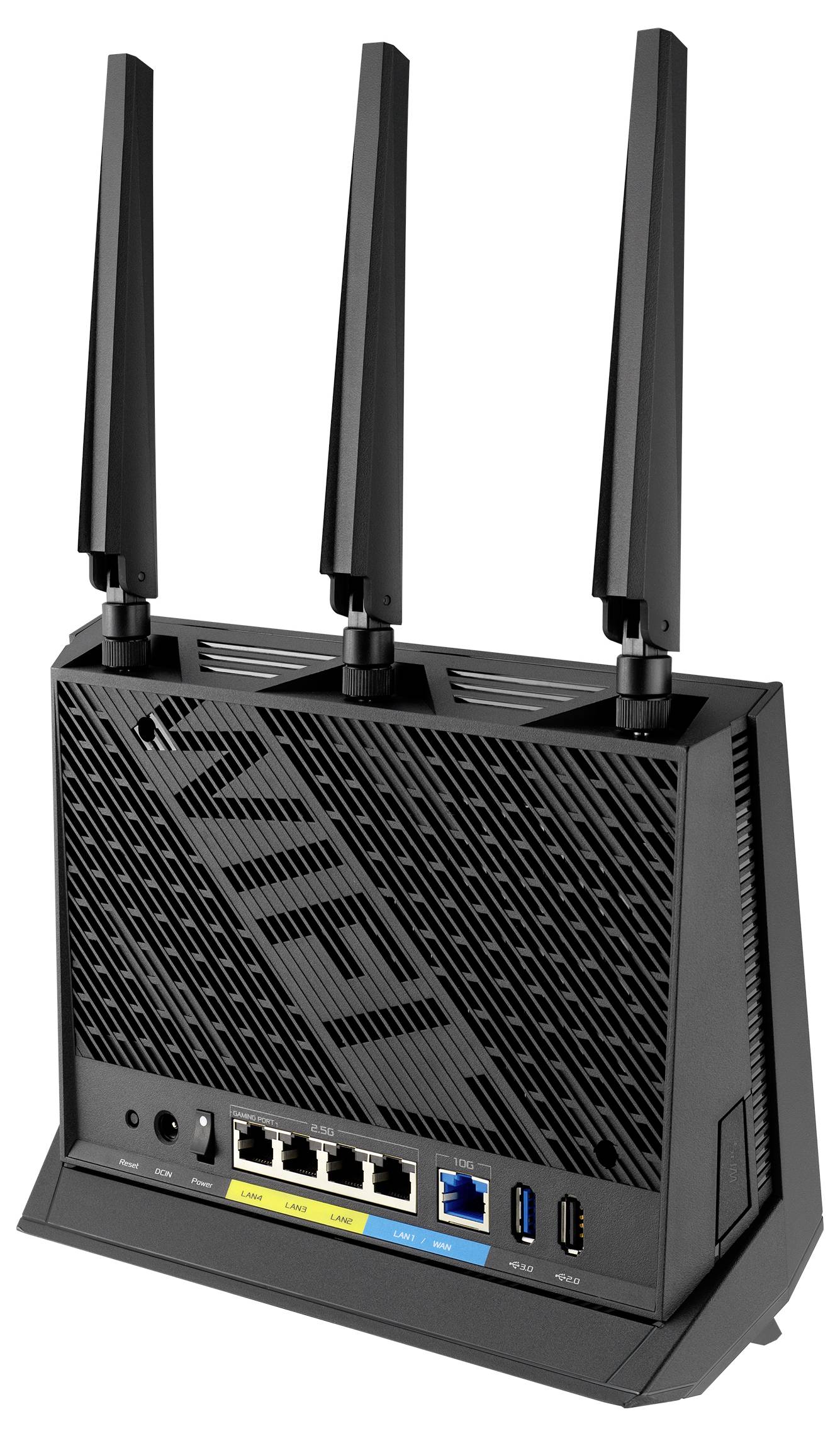 Svart WLAN-router med tre antenner, visar baksidan med flera Ethernet-portar och USB-anslutningar.