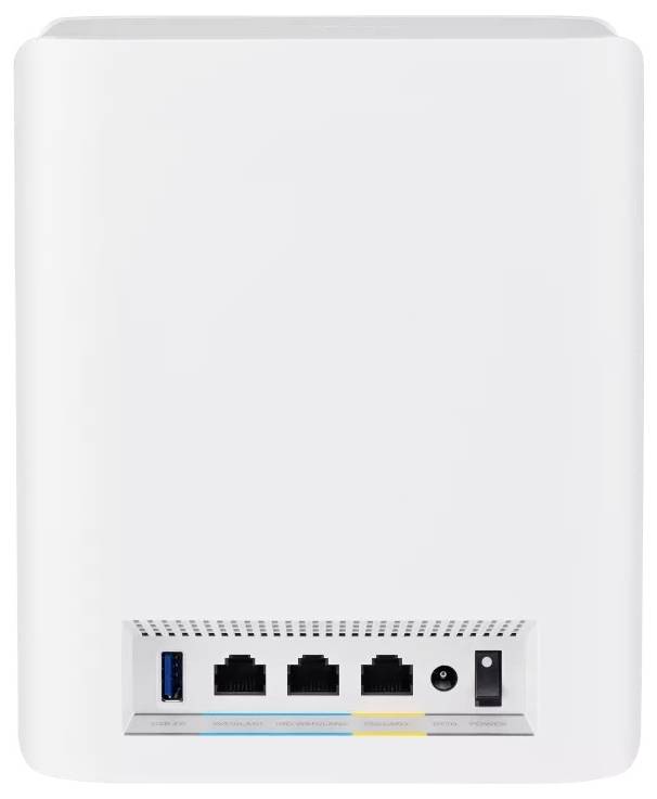 Vit kvadratisk anslutningslåda med fyra Ethernet-portar, en USB-anslutning och en strömkontakt på baksidan.