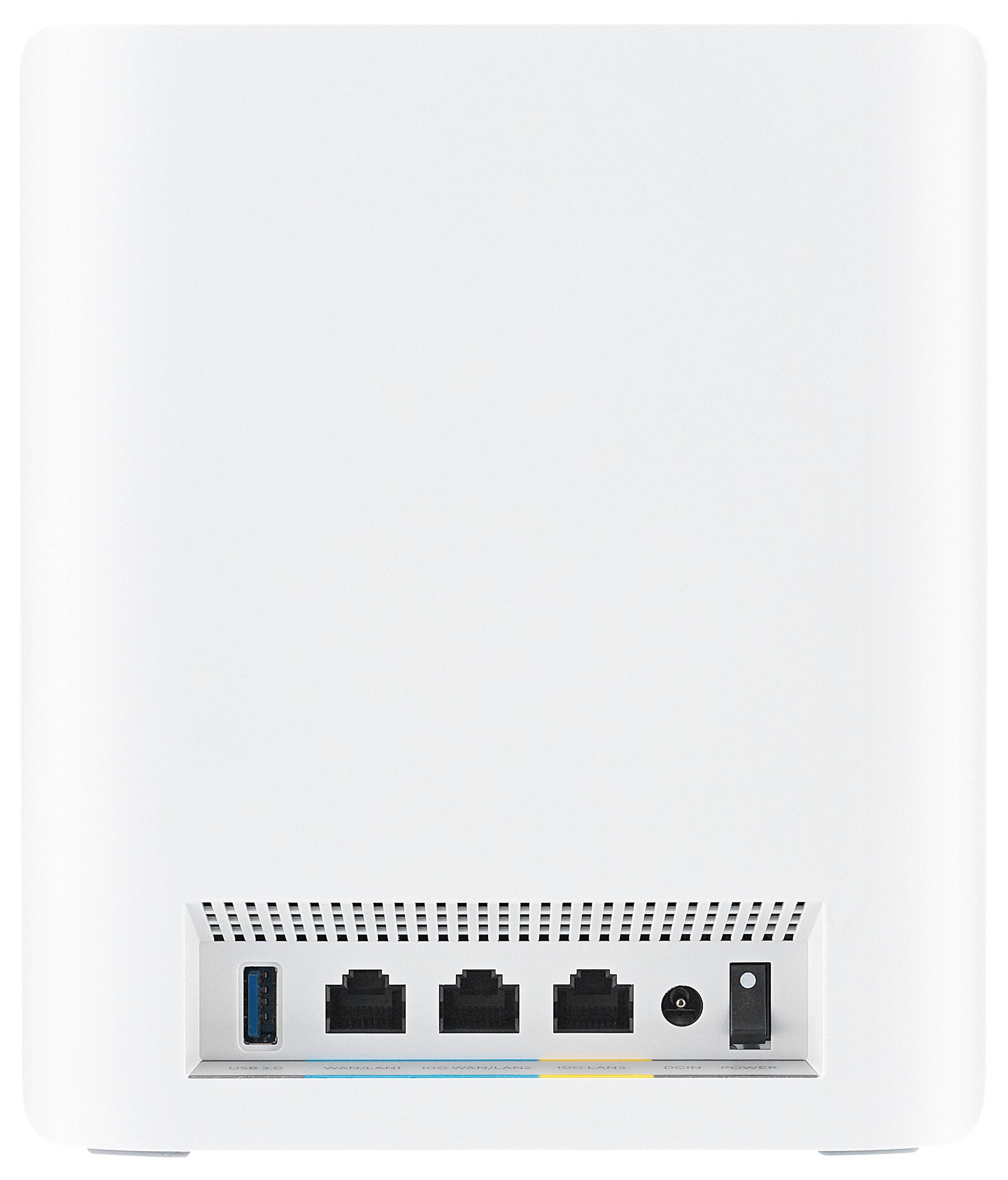 En vit nätverksrouter med fyra portar (tre LAN-portar och en nätverksport) samt en USB-port på baksidan.