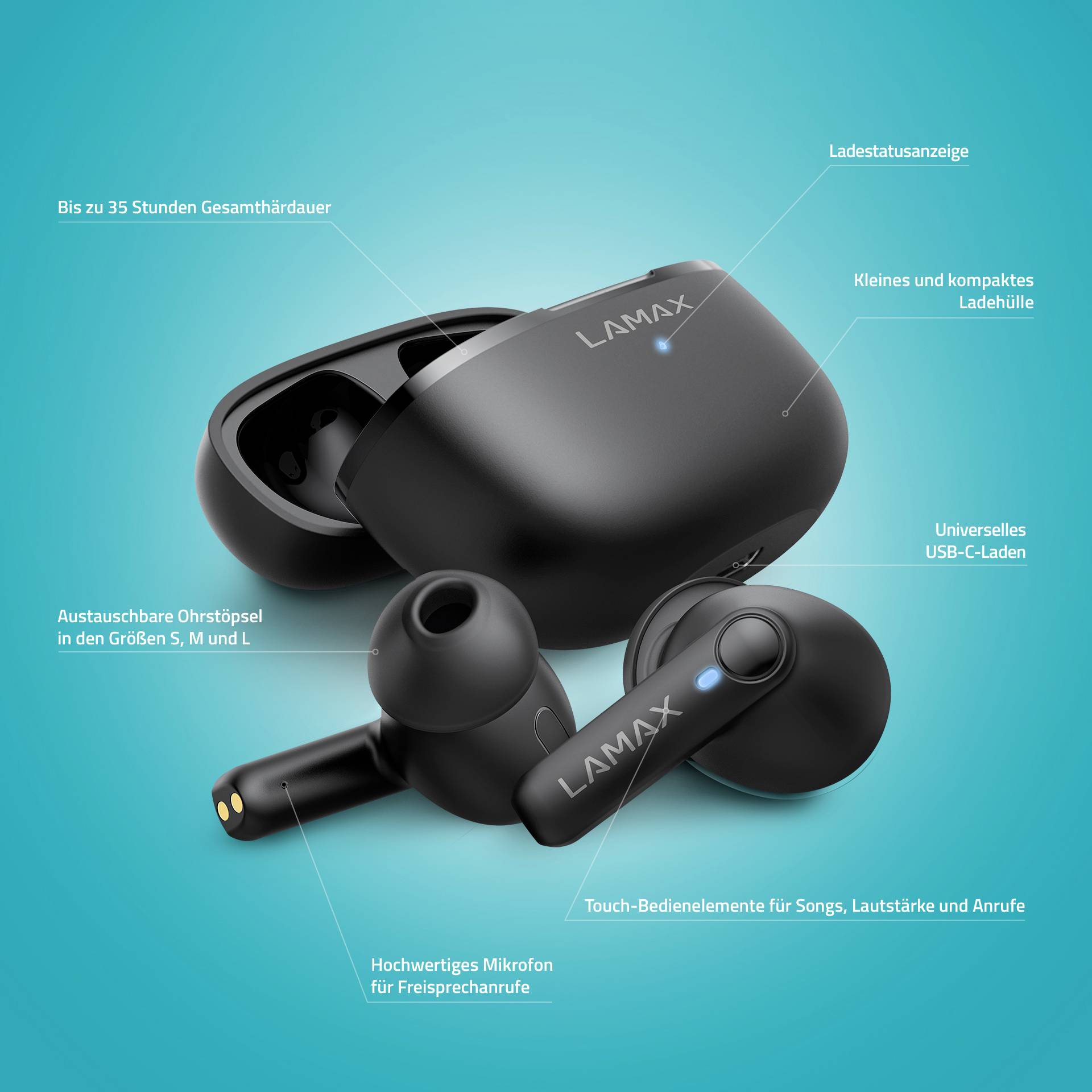Svarta trådlösa LAMAX-hörlurar med laddningsetui, utbytbara öronproppar och touch-kontroller. Text om funktionalitet.