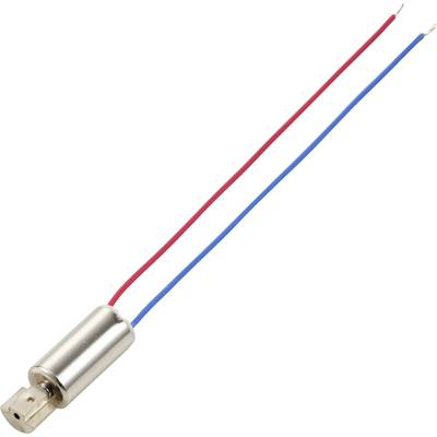 En liten vibrationsmotor med röda och blå anslutningsledningar. Motorn är cylindrisk och metalliskt färgad.