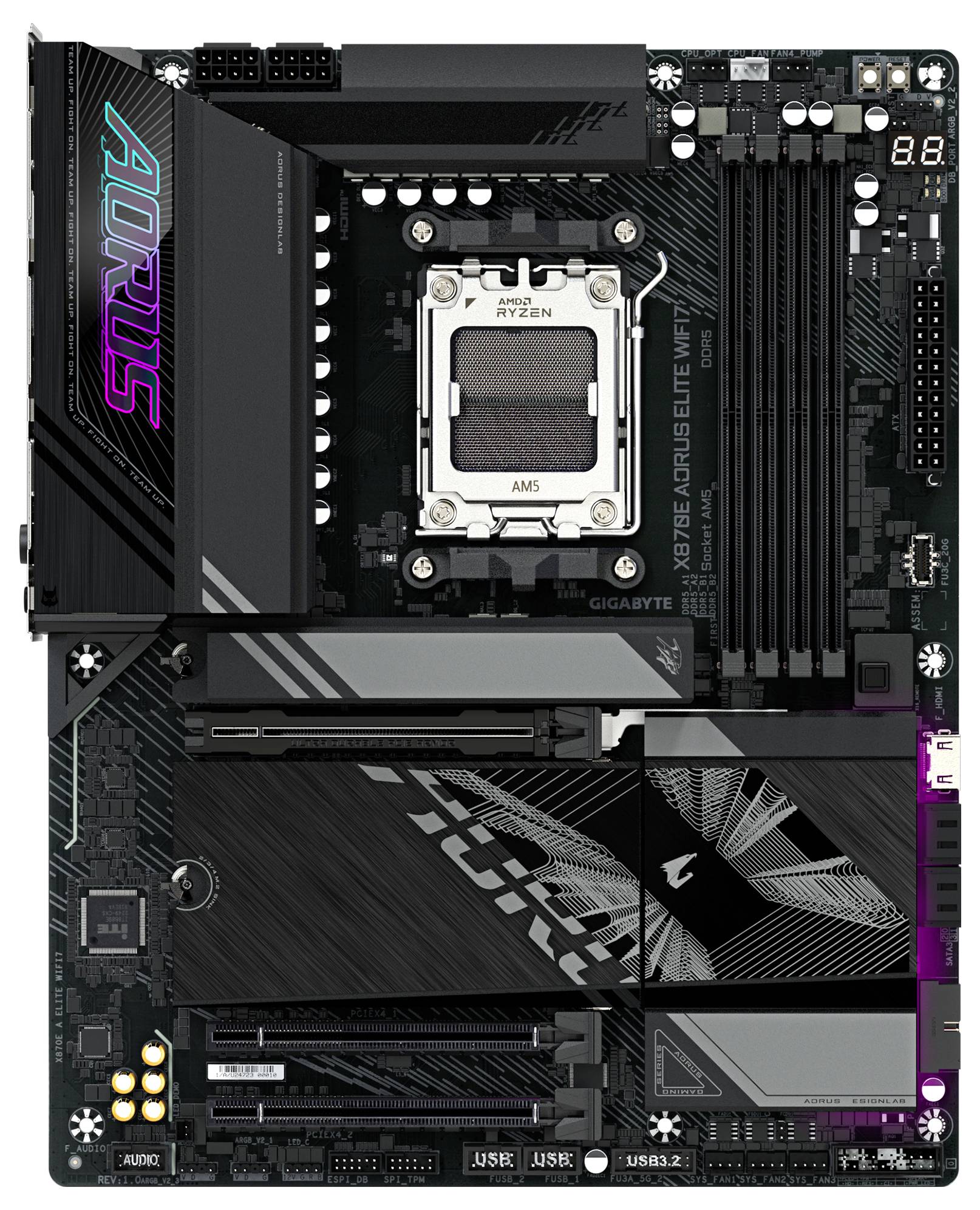 Moderkort med AM5-sockel och RGB-belysning, 4 RAM-platser, flera PCIe-platser och anslutningar, illustration av GIGABYTE AORUS.
