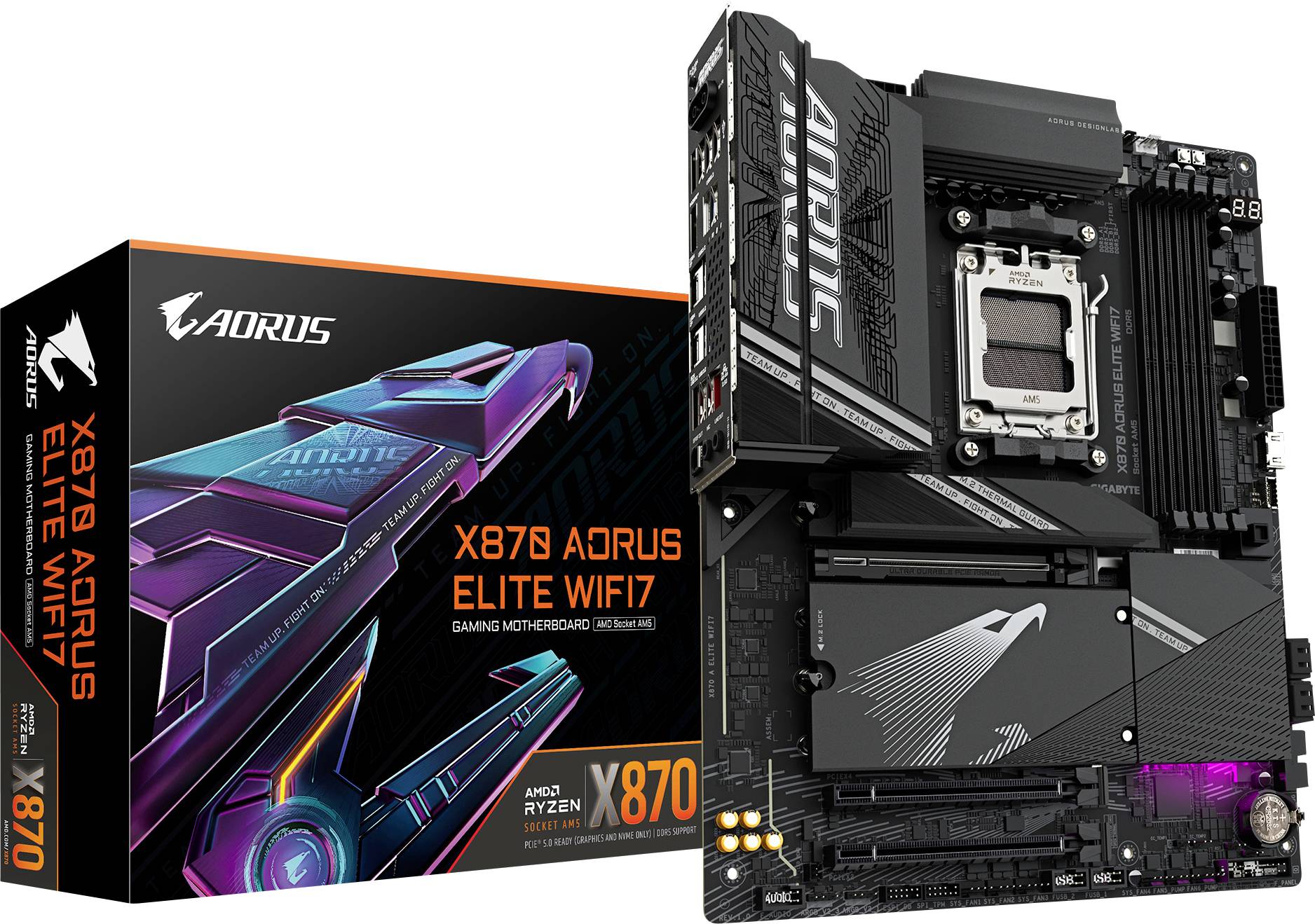 Moderkortet AORUS X670 Elite WIFI 7 bredvid sin förpackning, lämpligt för AMD Ryzen-processorer. Förpackningen uppvisar ett futuristiskt design.