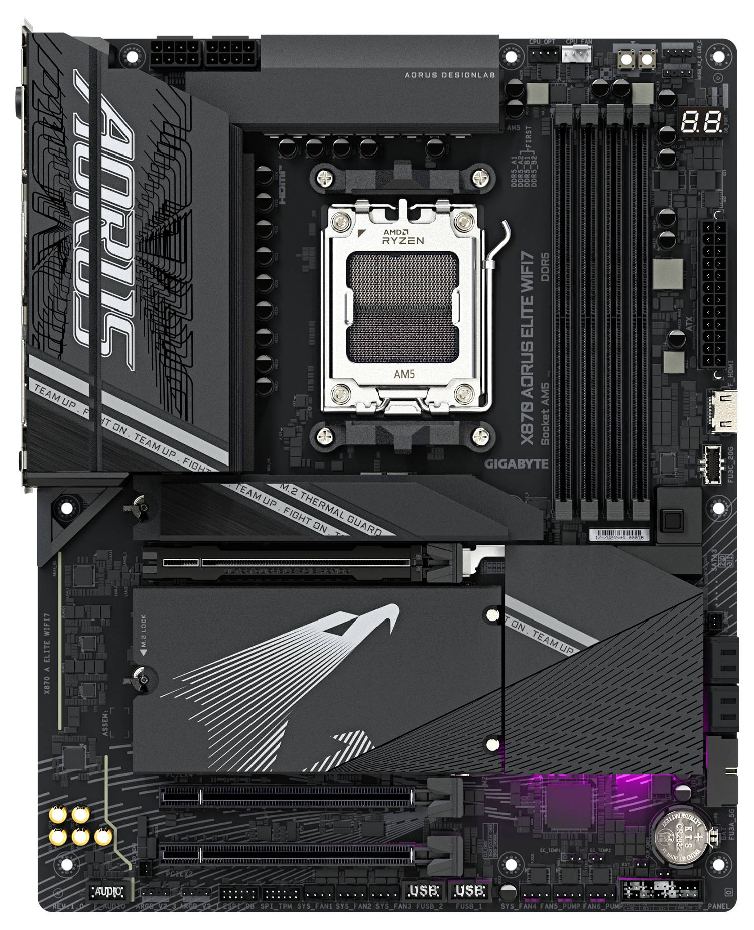Ett svart moderkort med flera expansionsplatser, en stor kylare med 'AORUS' logotyp och LED-display.