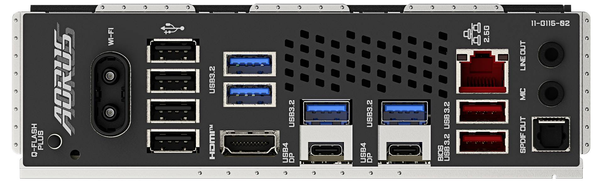 Baksidan av ett moderkort med USB- och HDMI-anslutningar, Ethernet-portar, ljudutgångar och en Wi-Fi-anslutning.