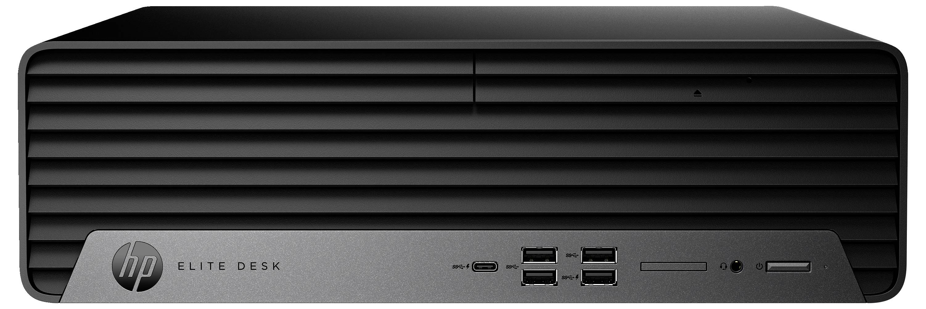 En svart dator från HP, modell EliteDesk. Enheten har en horisontell design med flera USB-portar framtill.