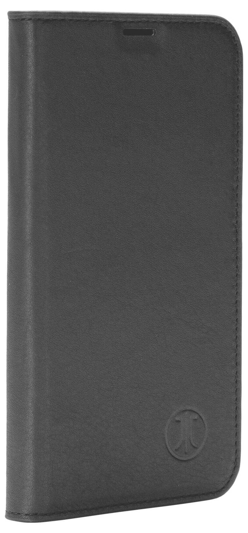 Svart mobilfodral med vikbart design och diskret logotyp nere till höger, stående, halvöppet.