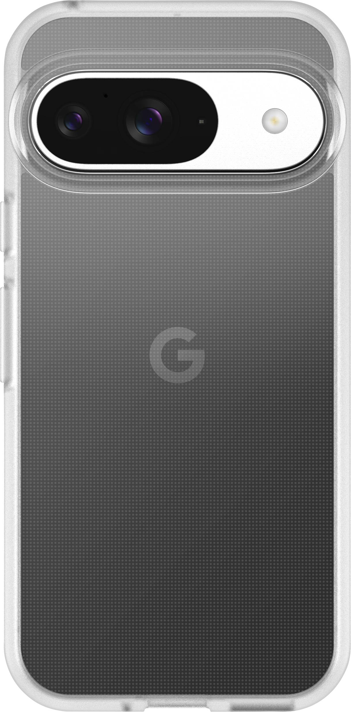En smartphonebaksida i ett transparent fodral, visar två kameralinser och en blixt. Ett 'G'-logotyp syns i mitten.