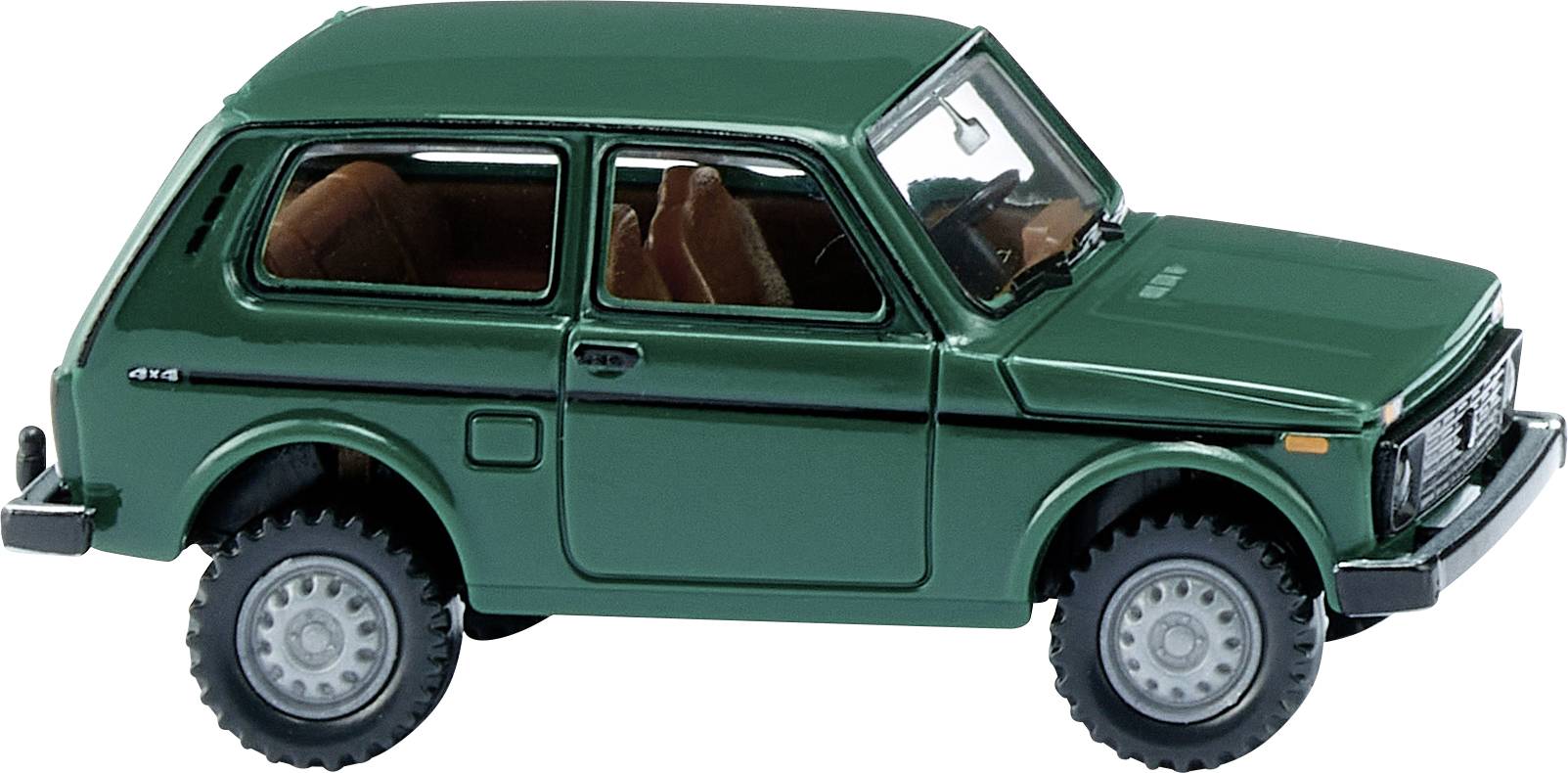 En liten, grön leksaksbil med terrängdäck som har en robust design och påminner om en klassisk SUV.