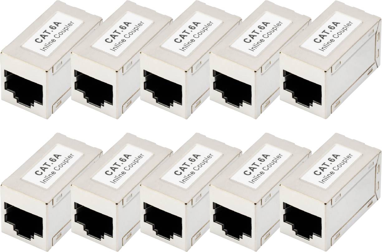 'CAT 6A Inline Coupler' – Tio beige nätverkskopplare som möjliggör RJ45-anslutningar, arrangerade i två rader.