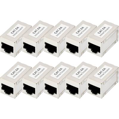 'CAT 6A Inline Coupler' – Tio beige nätverkskopplare som möjliggör RJ45-anslutningar, arrangerade i två rader.