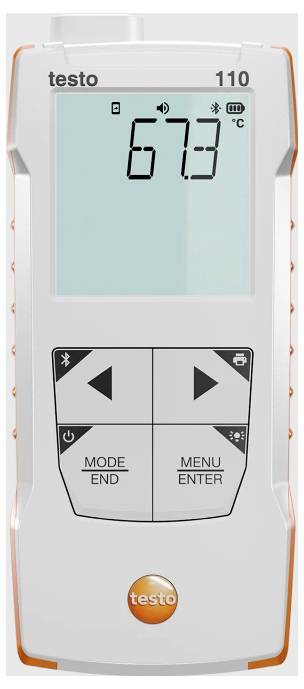 Digitalt termometer med LCD-display visar 67,3 grader Celsius. Knappar för läge och meny synliga nedanför.