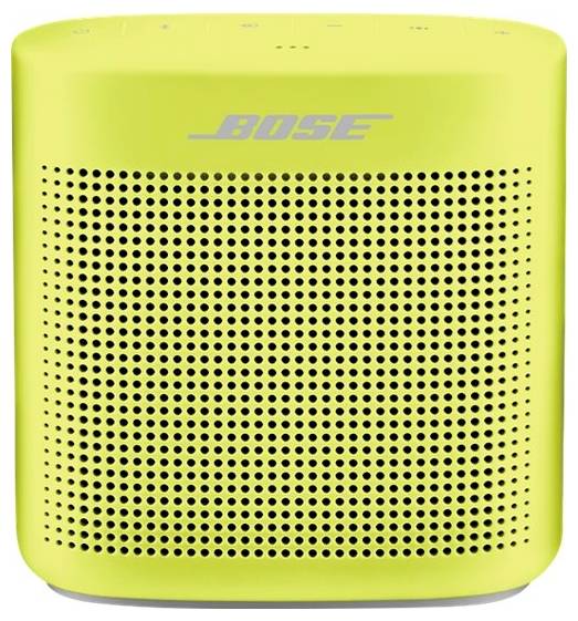 Bärbar, gul högtalare med hålmönster fram och Bose-logotypen överst. Perfekt för musikupplevelser på språng.