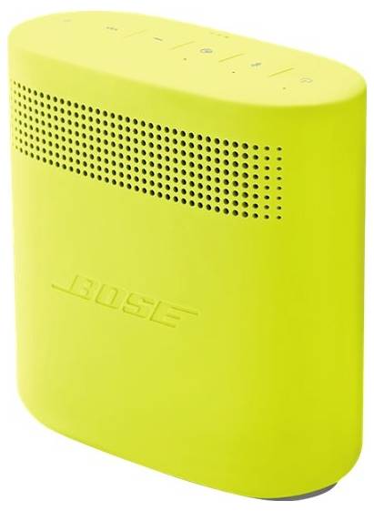 Gul trådlös Bose-högtalare, rektangulär med avrundade hörn; ovansida med manöverdon; utmärkande, modernt design.