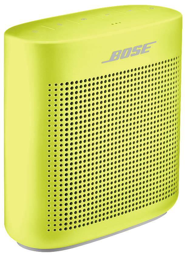 En kompakt, gul trådlös högtalare med iögonfallande 'Bose'-märkning.