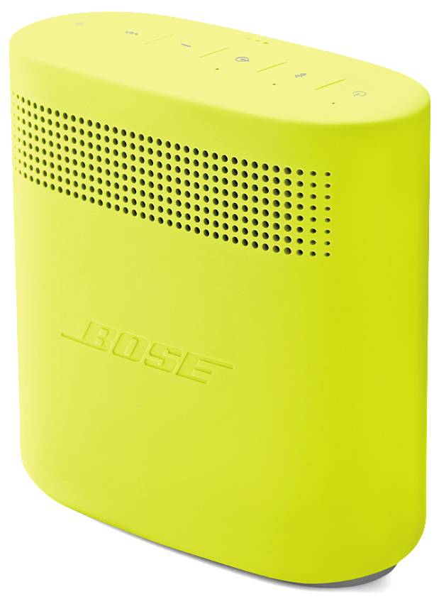 Gul, bärbar högtalare från Bose med hålmönster på framsidan. Ovanpå finns reglage för volym och uppspelning.