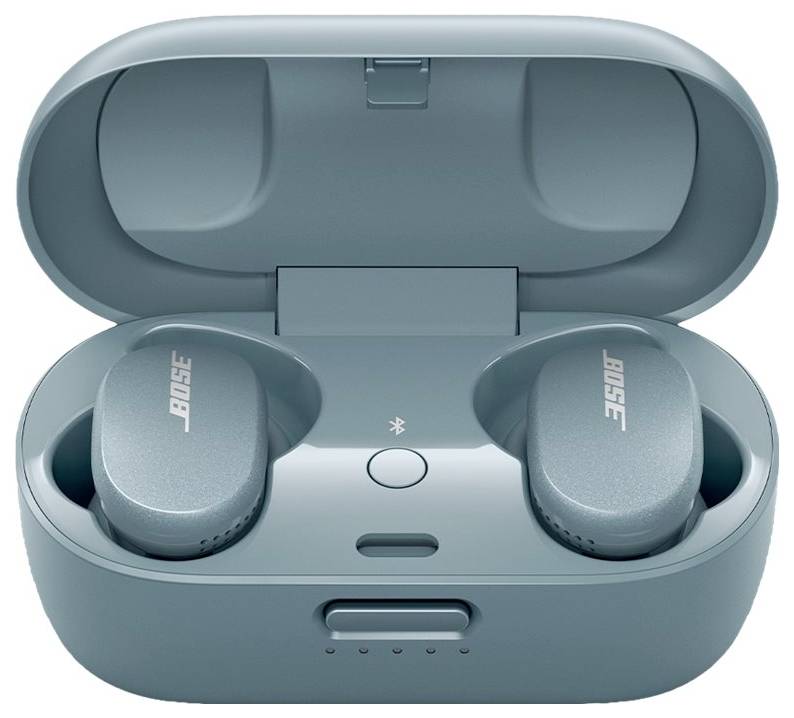 Öppnad grön laddningsetui med två trådlösa hörlurar. Etuiet visar Bose-logotypen på hörlurarna.