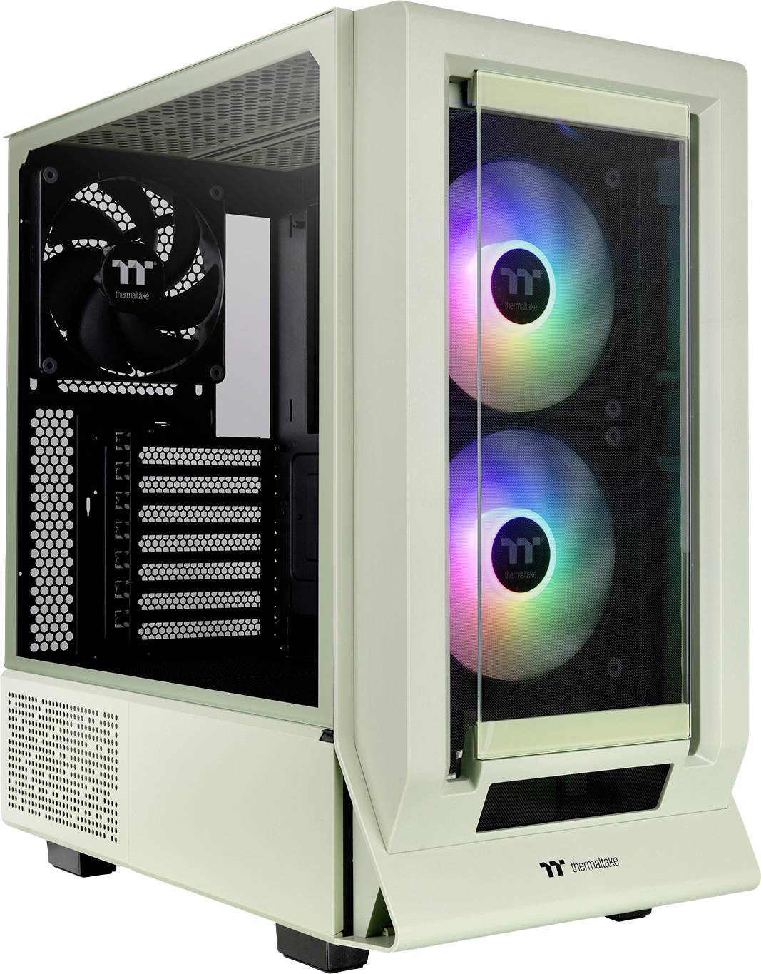 Ett vitt PC-hölje med genomskinligt glas som visar invändigt upplysta fläktar med RGB-färgskift. Varumärkets logotyp synlig.