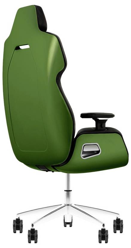 En modern kontorsstol med grönt tyg och ergonomisk ryggstöd, svart klädsel, justerbara armstöd och hjul.
