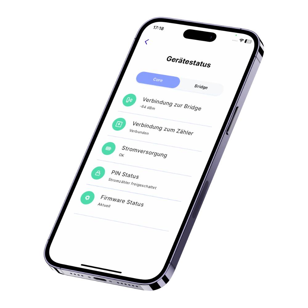 Smartphoneskärmen visar appen 'Enhetsstatus' med anslutning, strömförsörjning, PIN och firmware-status som 'ok'.