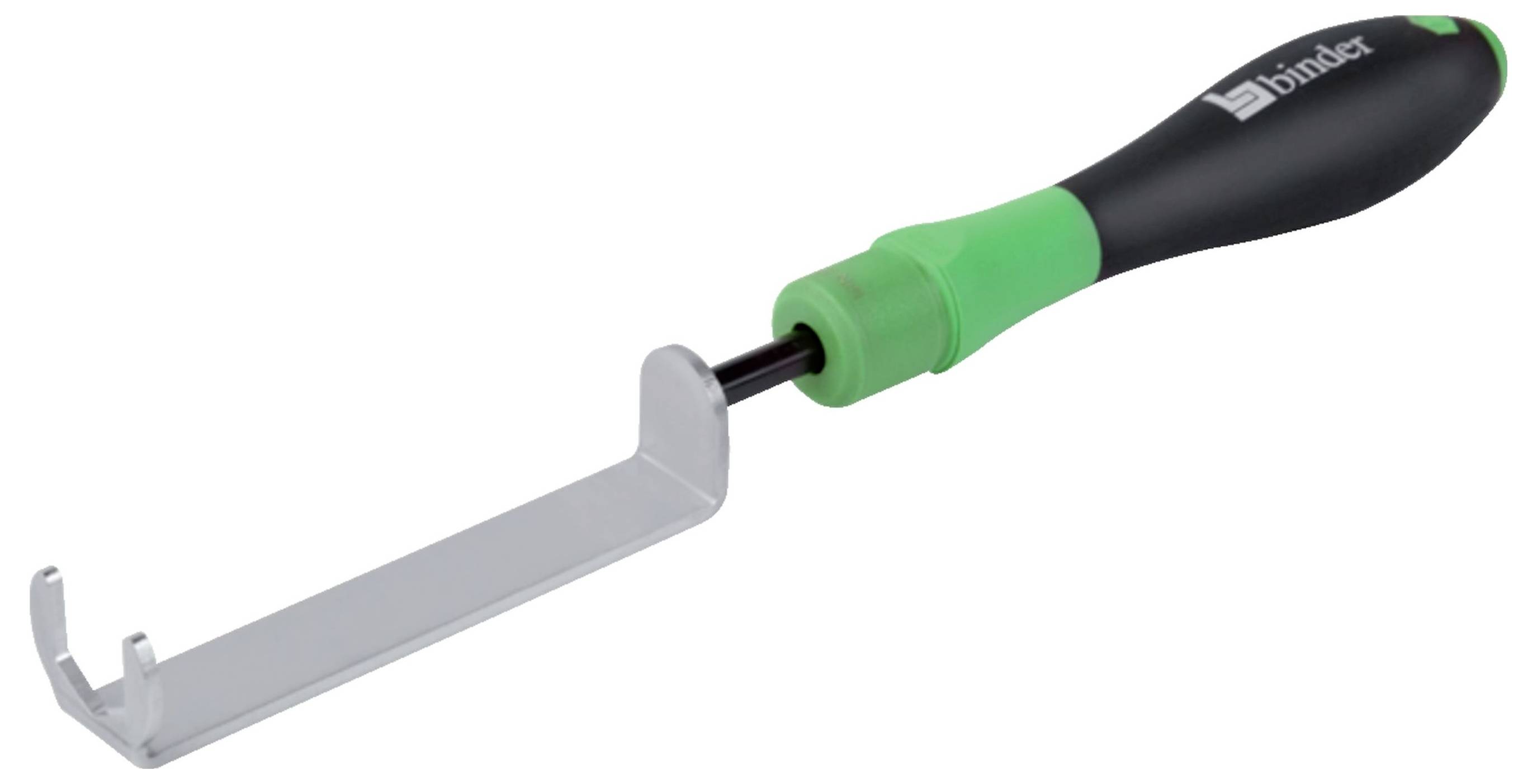 Verktyg med ergonomiskt handtag och krokformigt metallhuvud, lämpligt för hantverksarbeten.