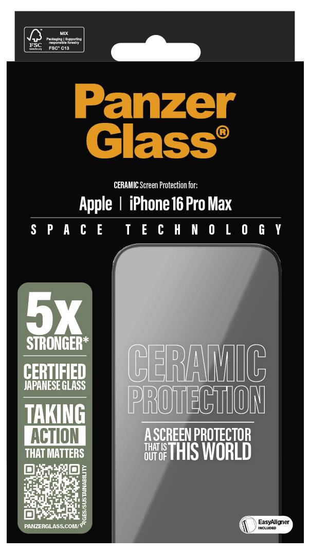 Förpackning för PanzerGlass keramiskt skärmskydd till iPhone 16 Pro Max. Text: '5x starkare', 'certifierat pansarglas'.