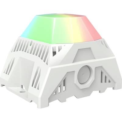 En vit, sexkantig teknisk apparat med en plaststruktur som lyser grönt och rött på ovansidan.