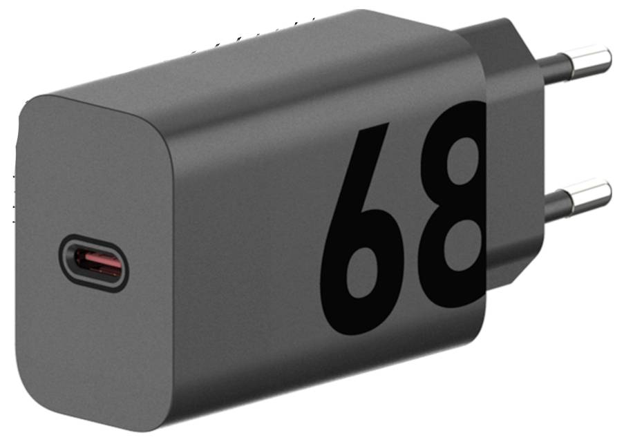 Svart USB-C-laddare med två stift och siffran '68' på sidan, lämplig för snabb laddning.