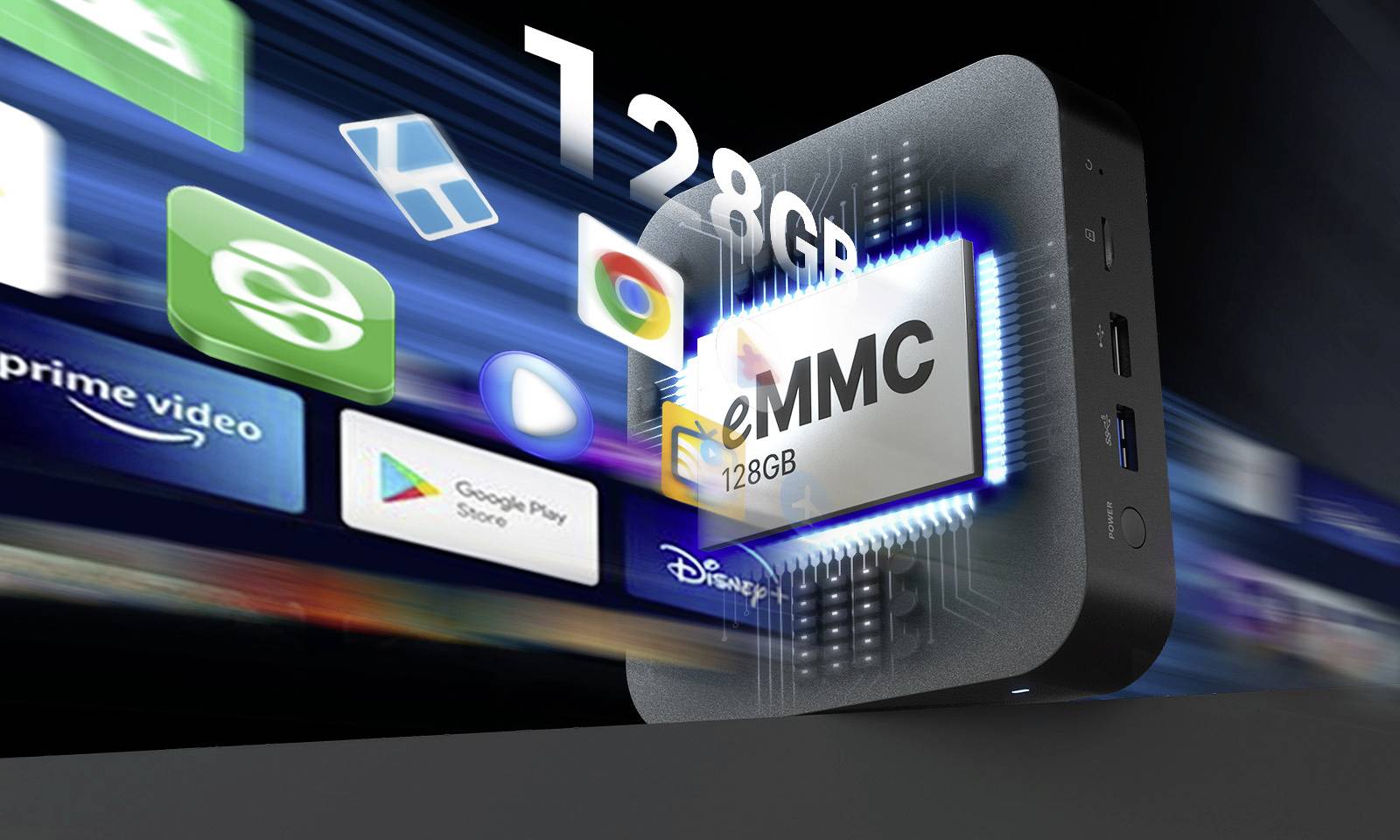 Miniräknare med 128 GB eMMC-lagring. Olika appikoner som Prime Video, Skype och Google Play Store visar strömmnings- och kommunikationsapplikationer.