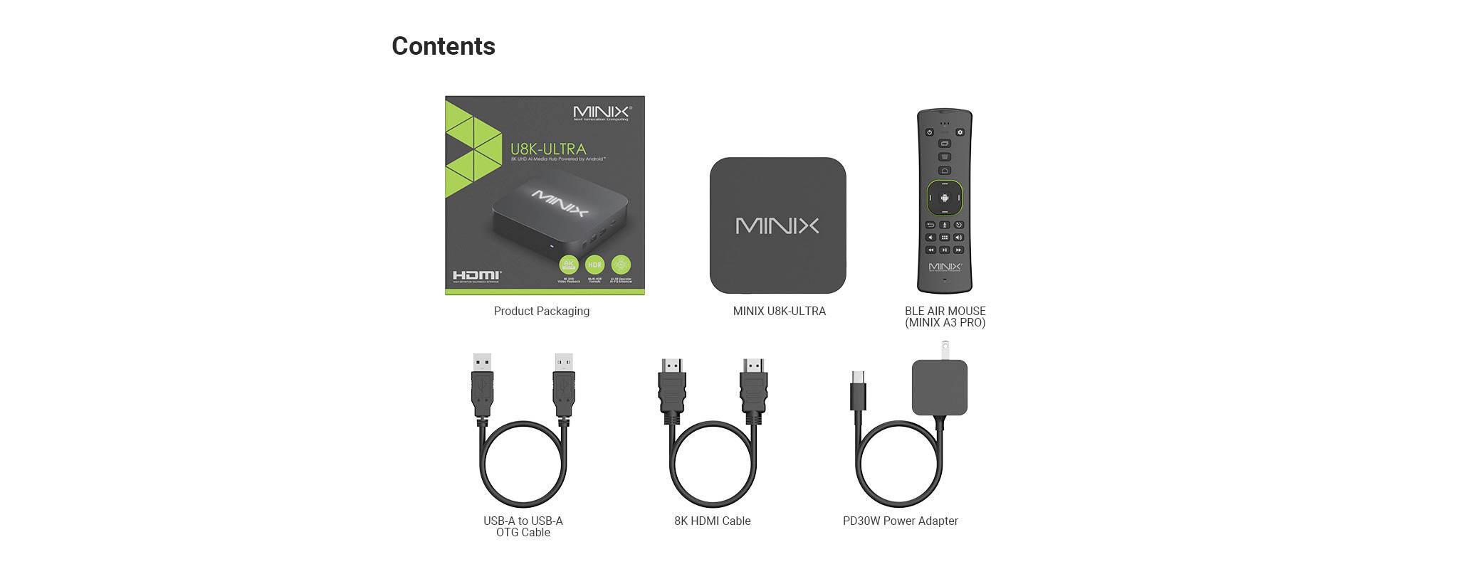Innehåll: MINIX U9-H förpackning, hubb, fjärrkontroll, USB-till-USB-A-kabel, IR-förlängningskabel, 5V/3A nätadapter.