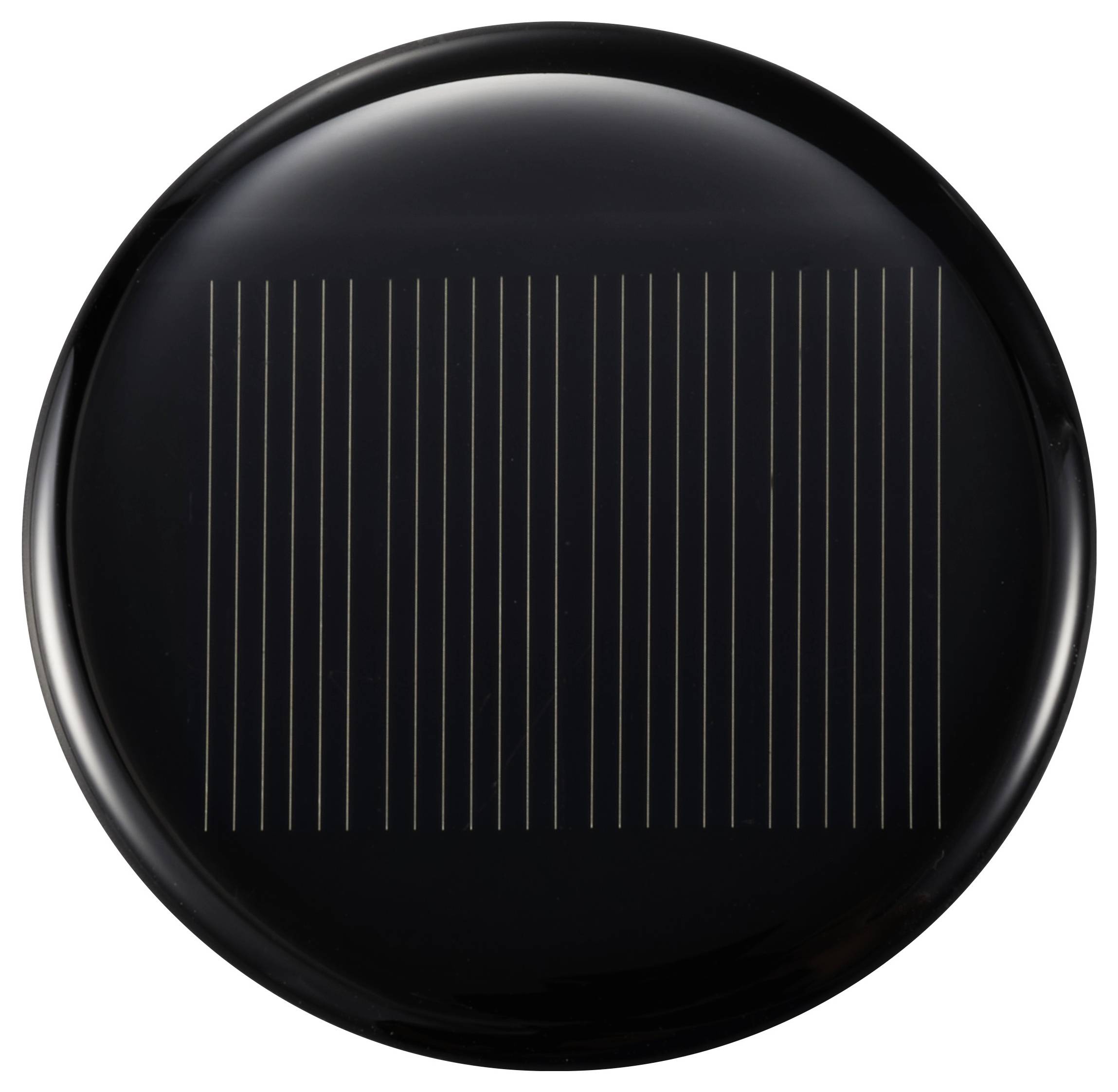 En svart, rund solcell med parallella linjer. Den symboliserar förnybar energi och solströmproduktion.