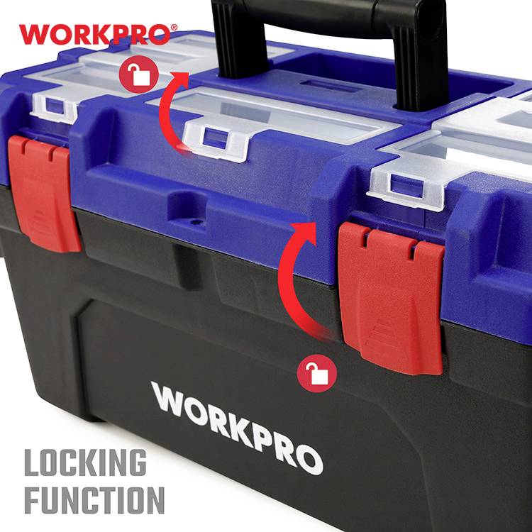 'WORKPRO'-verktygslåda med blå lock och lås. Röda pilar visar låsfunktionen.