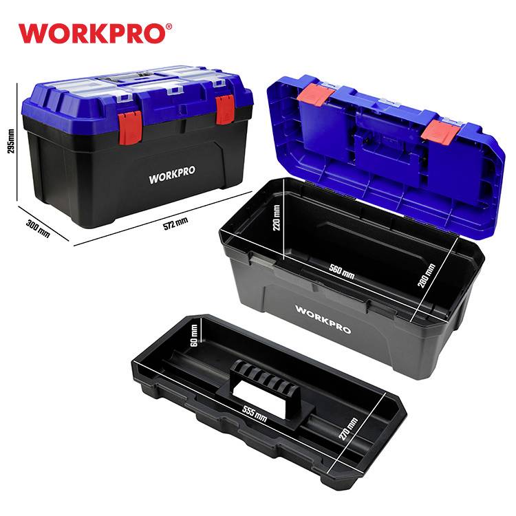 Verktygslåda av märket 'WORKPRO', tillverkad av plast. Visas öppen och stängd, mått: 572x300x295 mm. Svart hölje med blå lock.