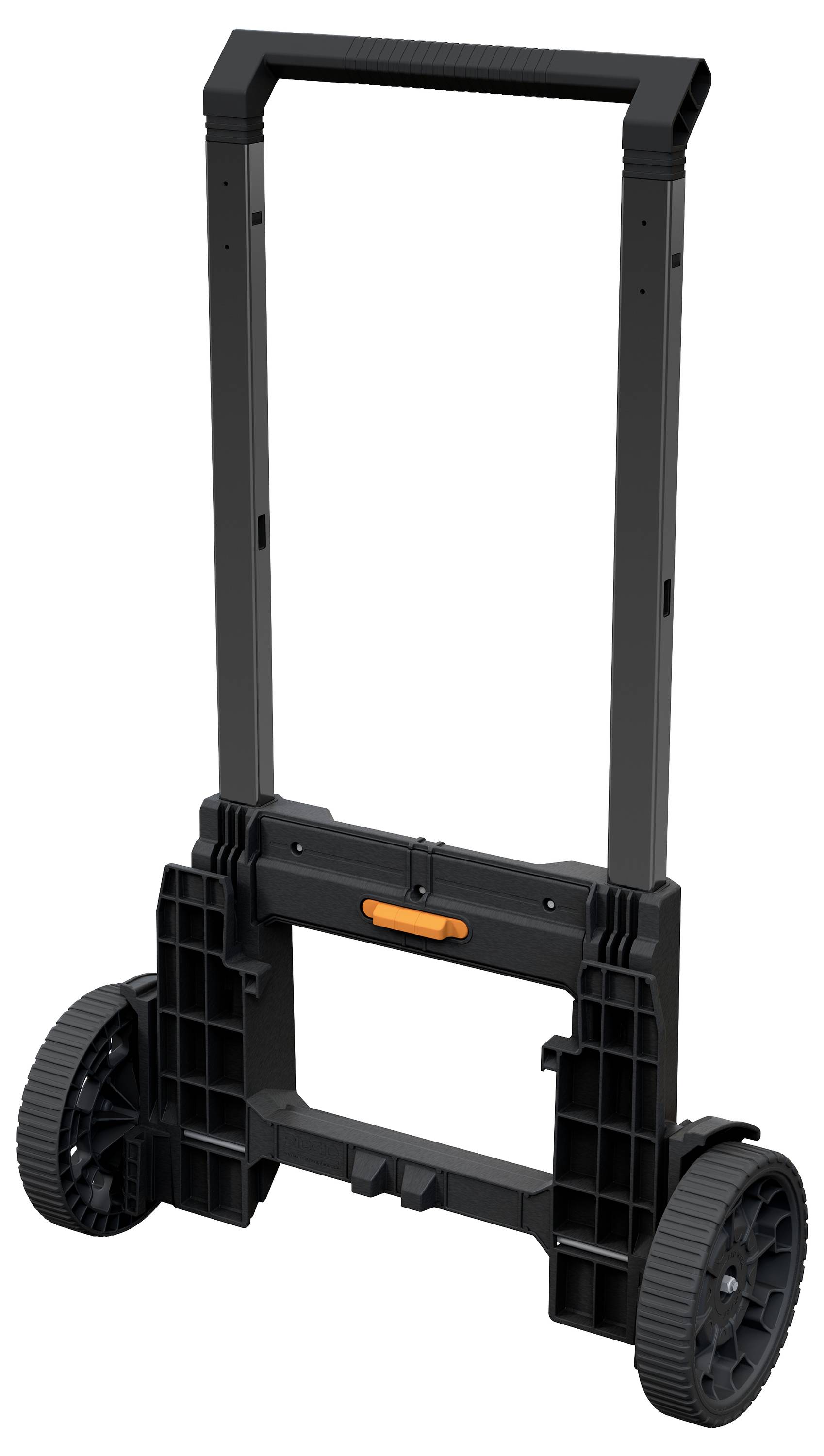 En svart, hopfällbar handkärra med två hjul och ett orangefärgat handtag. Perfekt för transport av tunga laster.