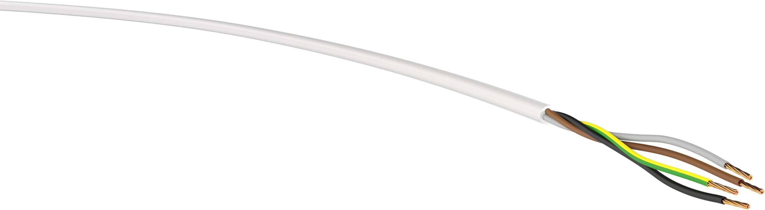 En vit elektrisk kabel med fyra färgade ledare: grön-gul, blå, brun och svart.