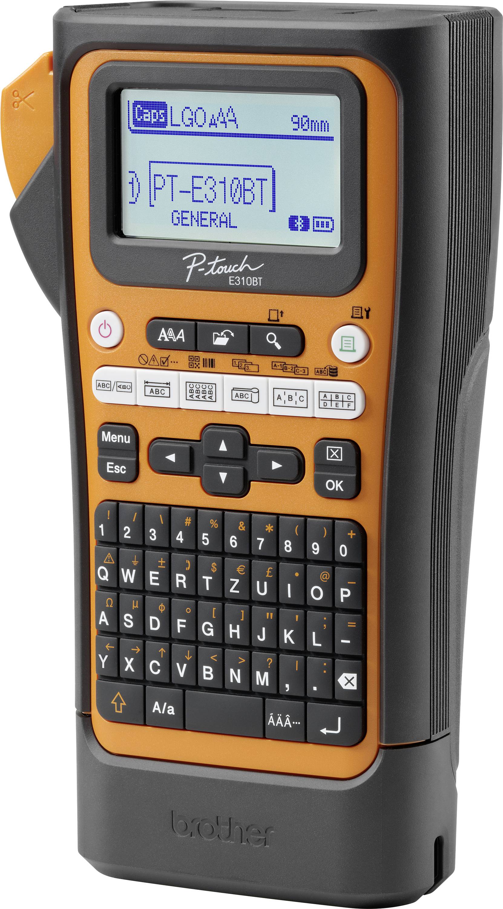 En bärbar märkningsapparat med tangentbord och display. På displayen står det 'PT-E310BT GENERAL'. Varumärkets logotyp synlig längst ner.