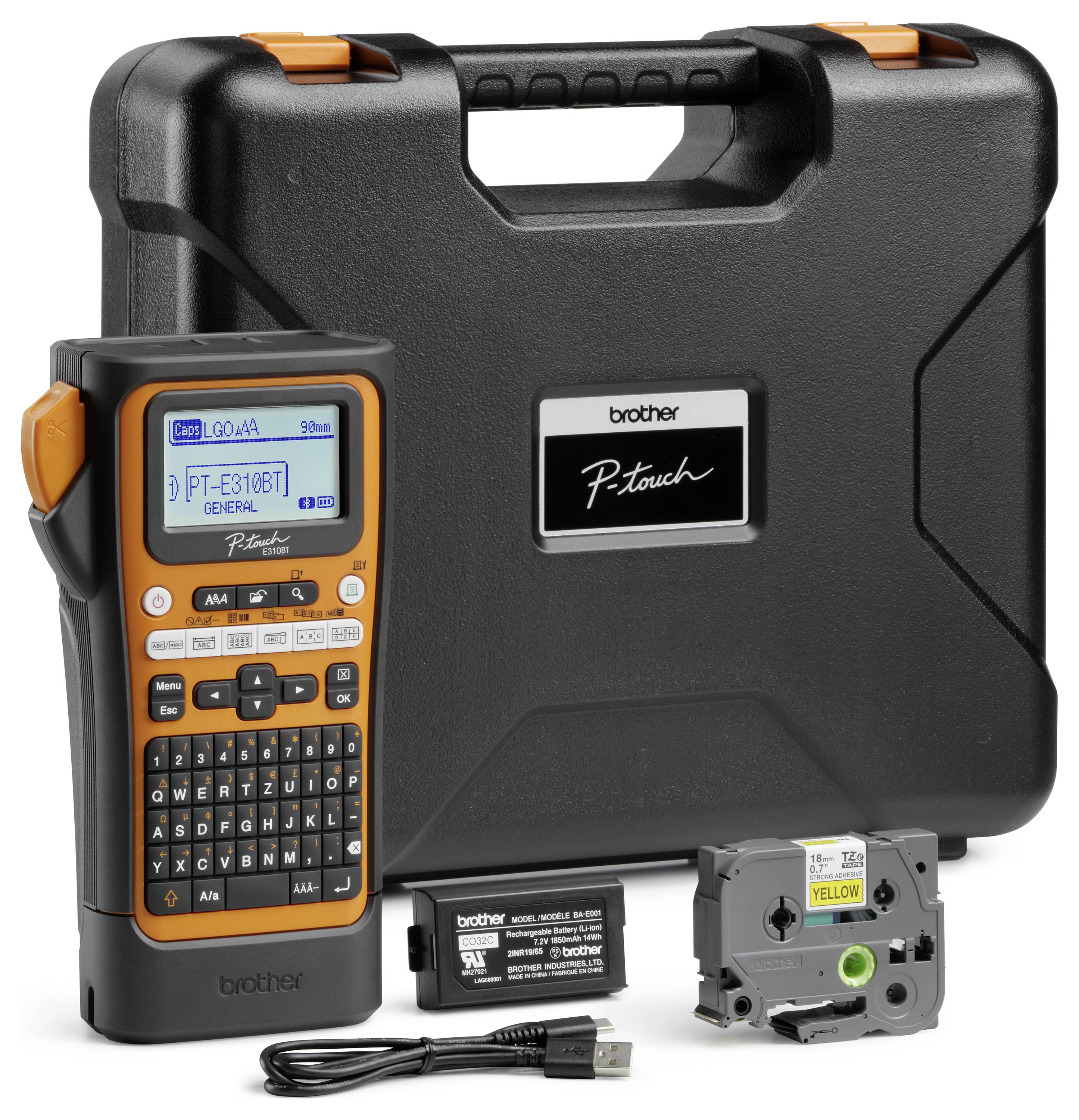 En bärbar märkningsapparat med QWERTZ-tangentbord, USB-kabel, batterier, skriftbandskassett och svart väska. Perfekt för etikettering.