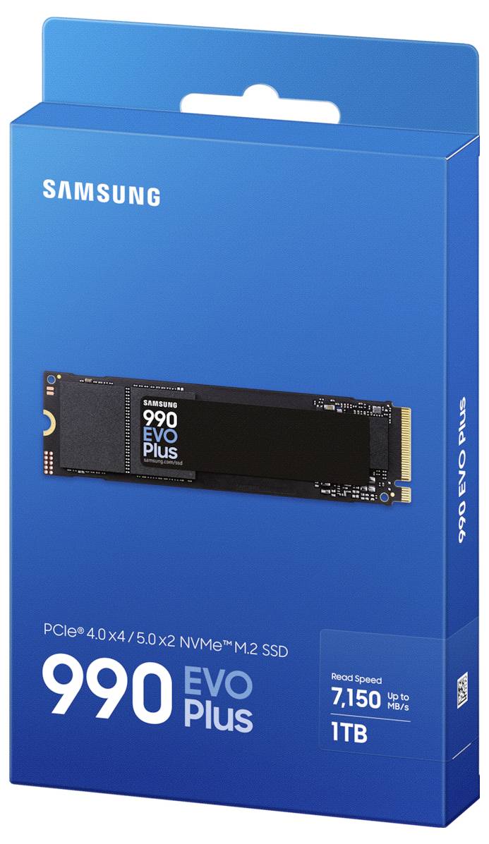 Samsung 990 EVO Plus SSD-förpackning, 1TB. SSD-typen är PCIe 4.0 x4 / 5.0 x2 NVMe M.2. Angiven läshastighet: 7.150 MB/s.