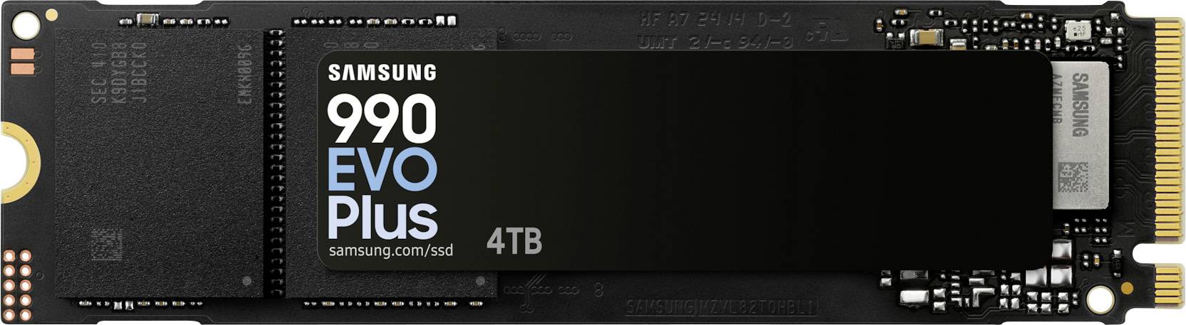 SSD-enhet 'Samsung 990 EVO Plus' med 4 TB lagringskapacitet, visad i svart utförande med guldanslutningar.