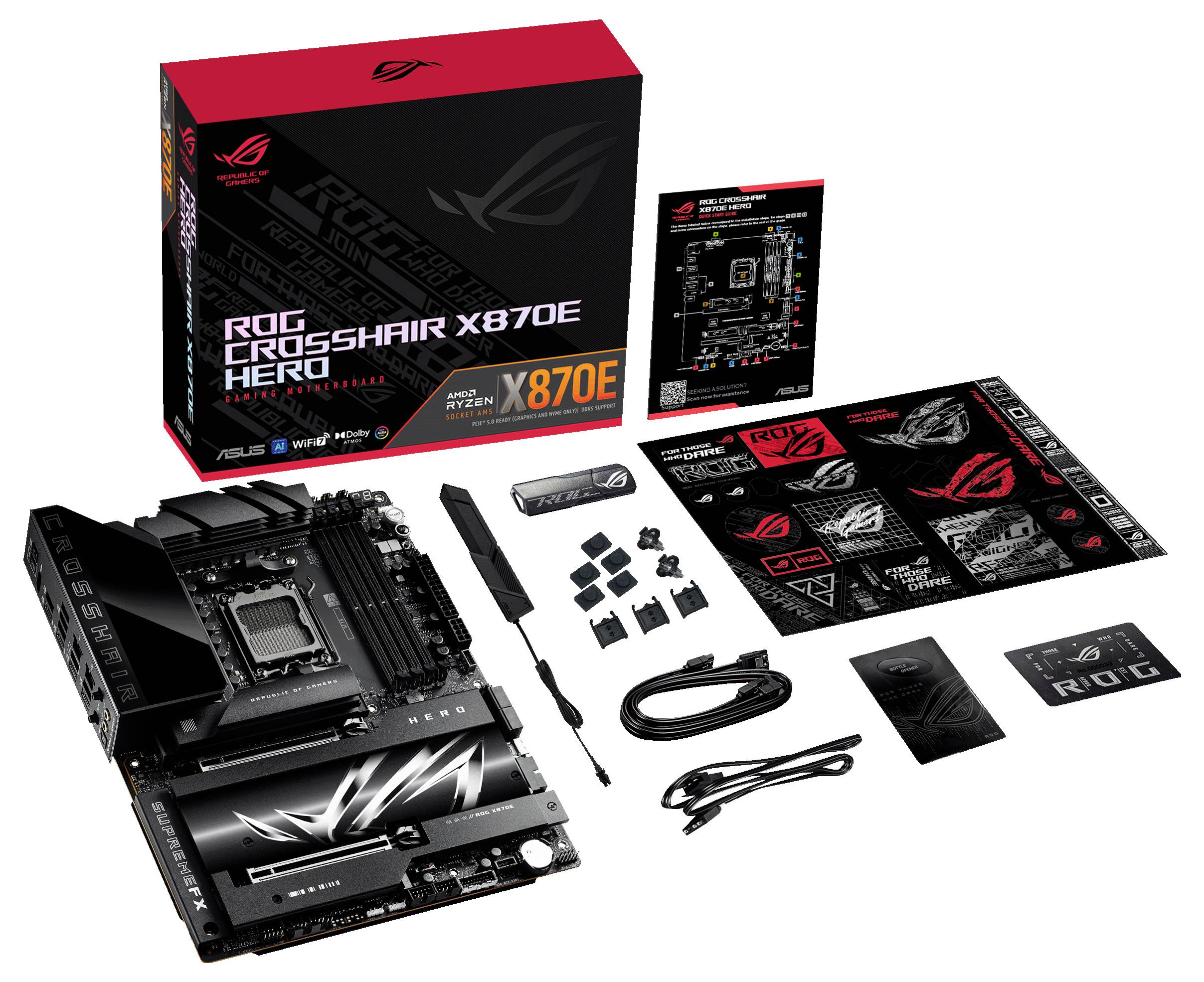 ASUS ROG Crosshair X670E Hero moderkortet med tillbehör, instruktioner och förpackning. Lämplig för gaming-datorer, stöder AMD Ryzen 7000-processorer.