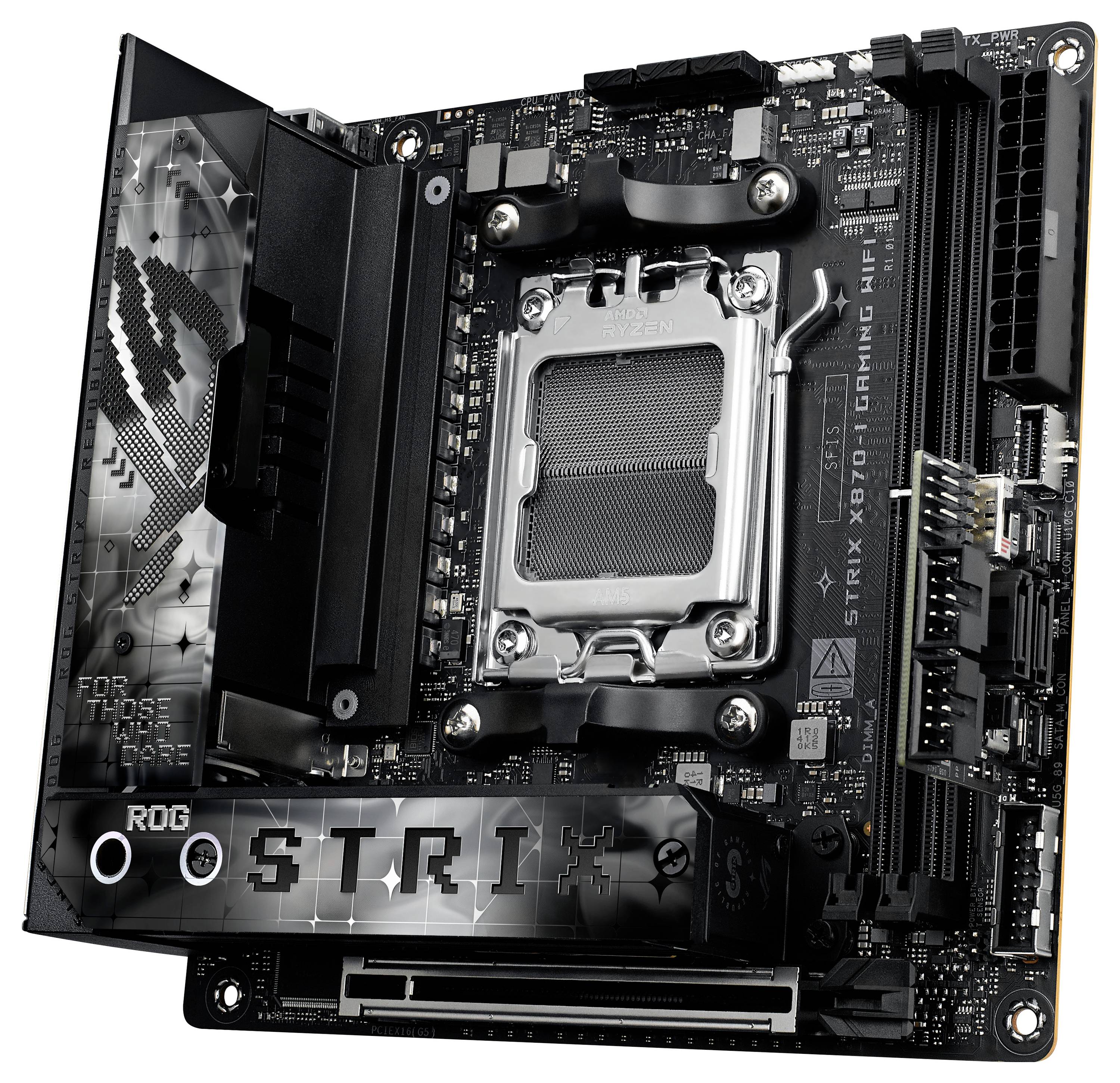 Moderkort ASUS ROG STRIX Z690-I GAMING WiFi, kompakt, för PC-entusiaster, svart design, stöder Intel-processorer.