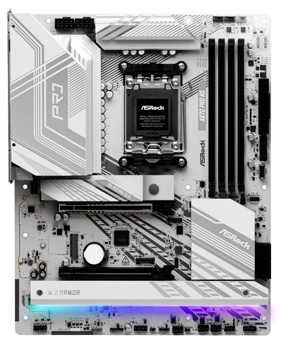 Moderkort med silverfärgade kylflänsar, flera RAM-platser och en processorsockel. Varumärke och modellnummer är synliga.