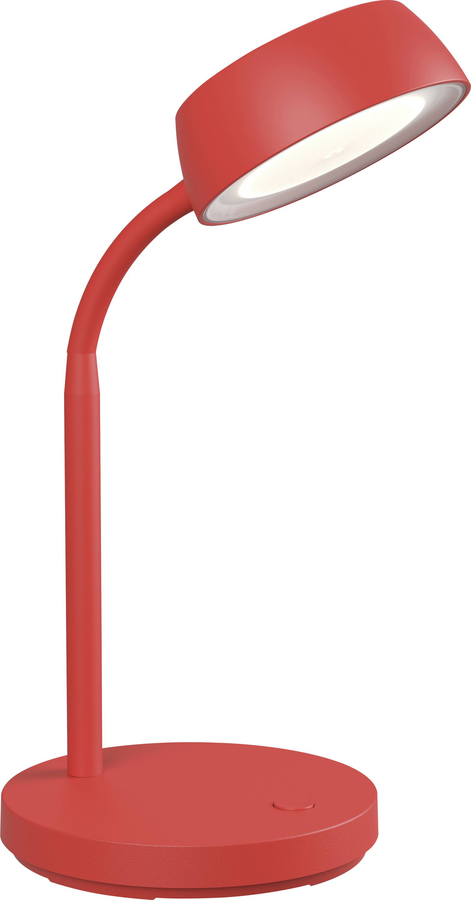 Röd bordslampa med rund bas och böjd hals, designad för att lysa nedåt. Enkelt, modernt formspråk.