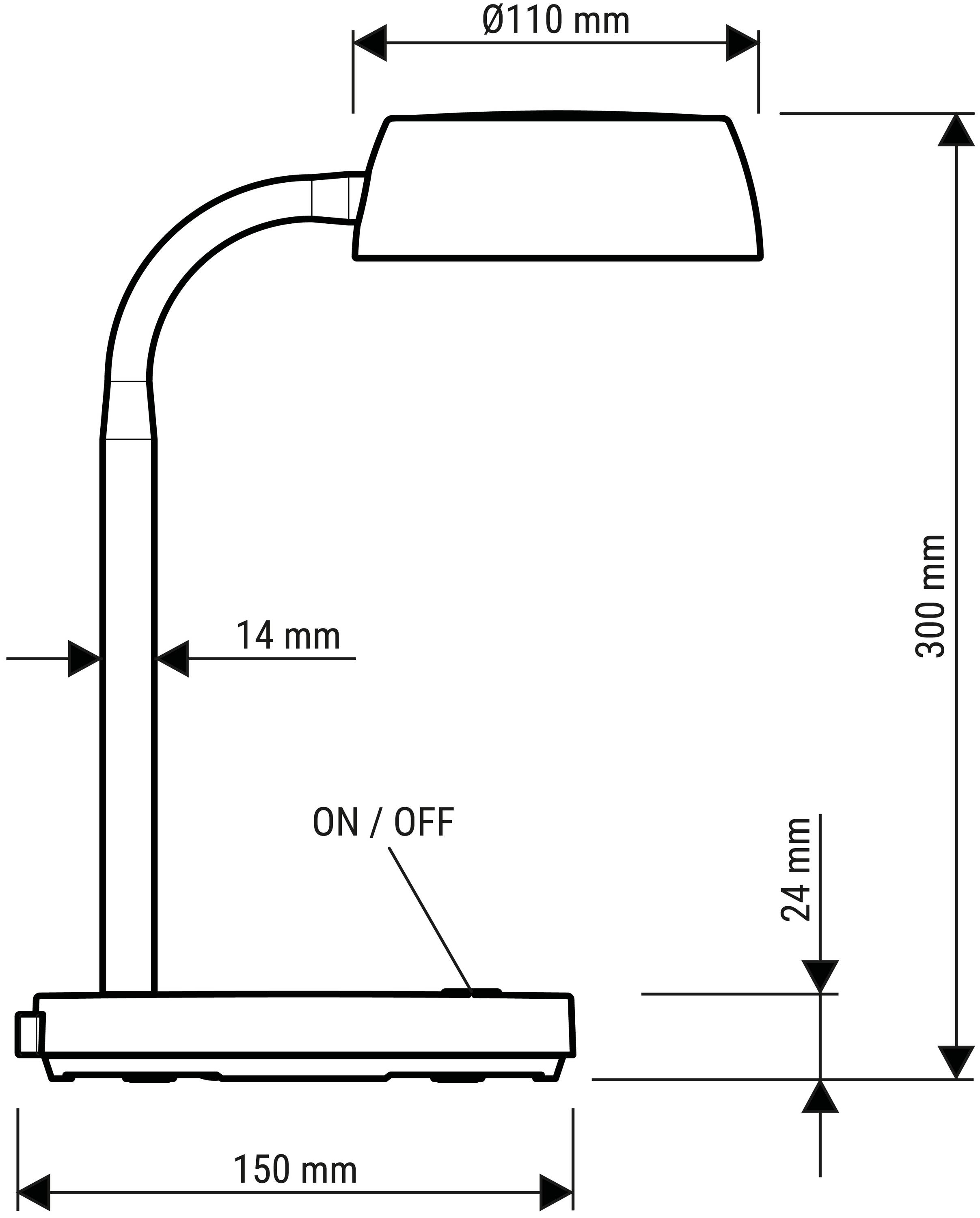 Linjeteckning av en bordslampa med skärm (Ø110 mm), höjd 300 mm, bas 150 mm, strömbrytare märkt 'PÅ/AV', uppbyggnad i sidovy.
