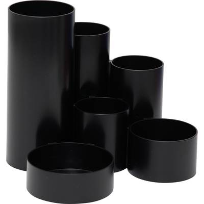 Sex svarta cylinderformade rör av plast, stående upprätt i en gruppering.