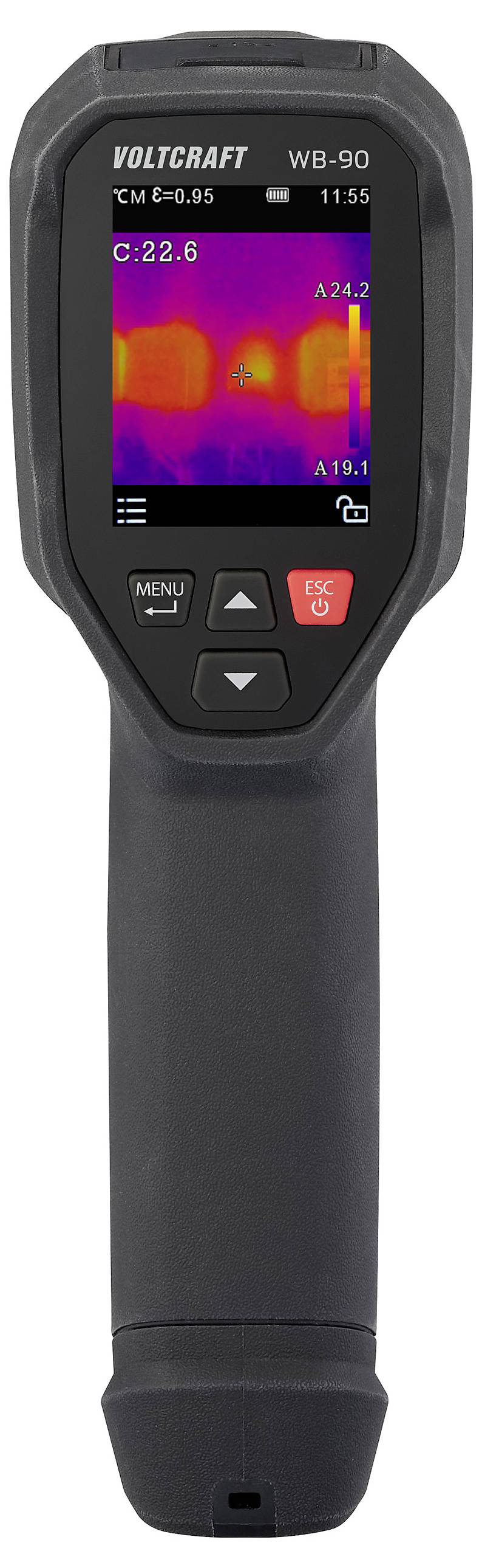 En bärbar infraröd termometer visar värmebilder på en skärm. Färgglada områden visar temperaturskillnader.